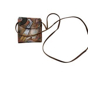 Vintage Anuschka Hand Painted Lightening Storm Leather Crossbody Flap Wallet Bag